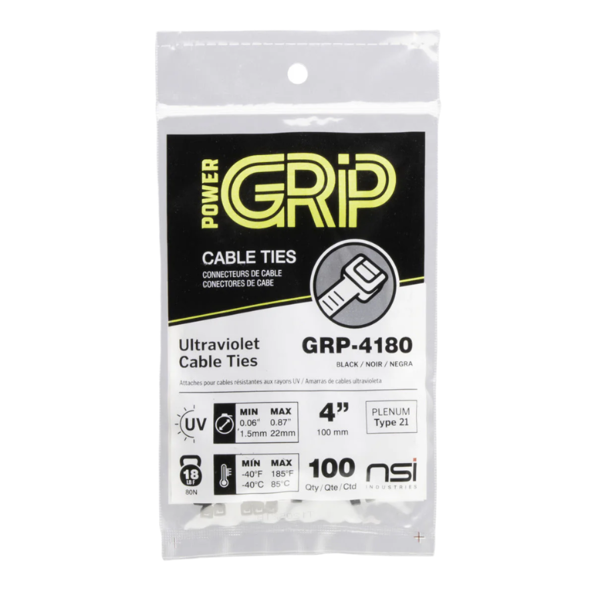 GRP-4180 Ultraviolet Cable Tie Black 4" 18lb 100PK