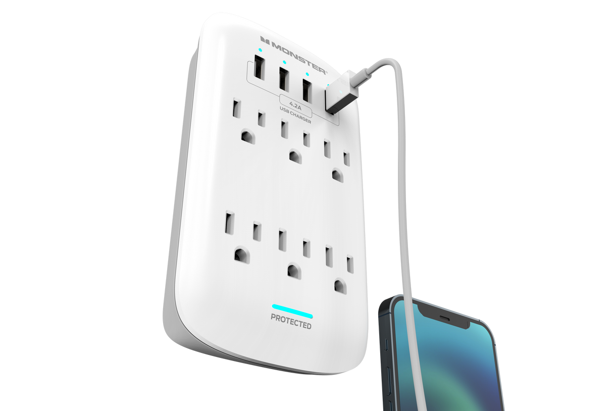 ME5016W Wall Tap Surge Protector 6 AC 4 USB A White