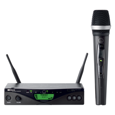 A wireless UHF hand-held microphone system, including a handheld microphone, a receiver, and antennas.