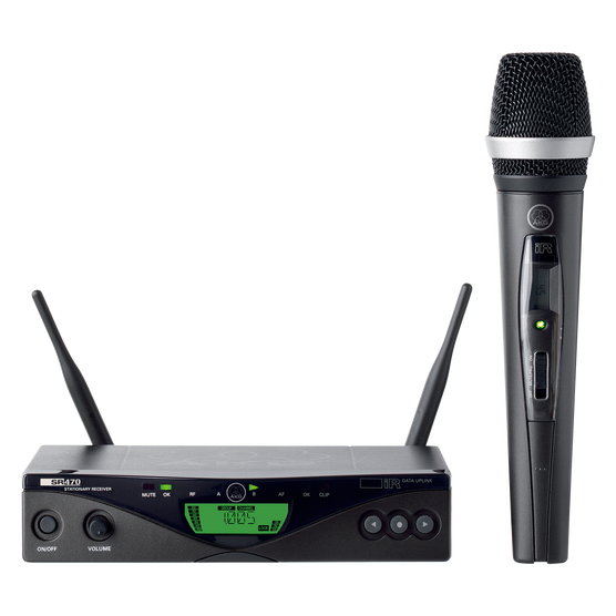 A wireless UHF hand-held microphone system, including a handheld microphone, a receiver, and antennas.