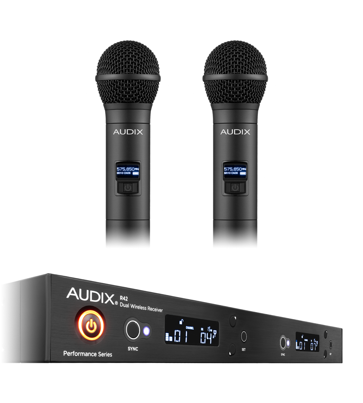 AP42 OM2 Wireless Microphone System R42 Two Channel Diversity Receiver 2 H60/OM2 Handheld Transmitters