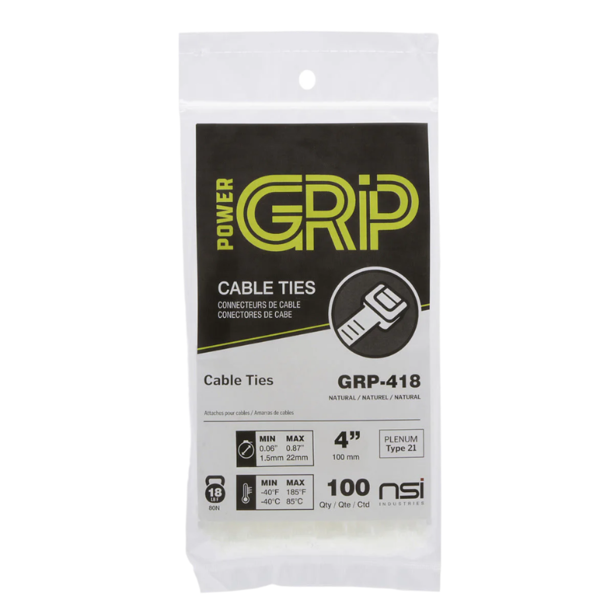 GRP-418 Cable Tie 4" 18lb 100PK